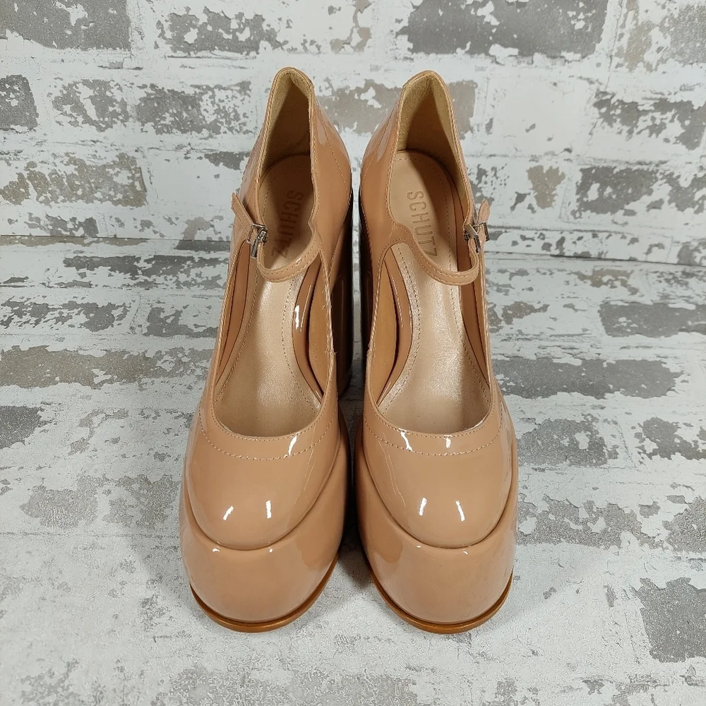 New Schutz Zayne New Pressego Tan Patent Leather Platform Mary Jane Pumps T34